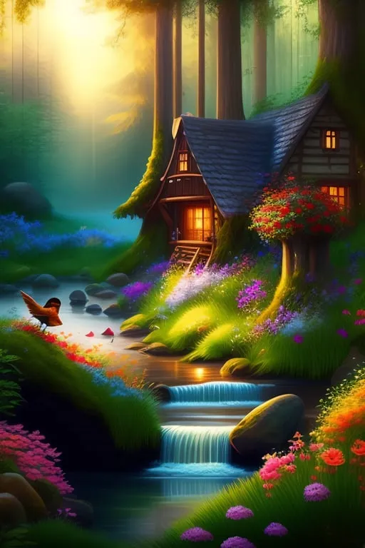 a painting of a house in the woods