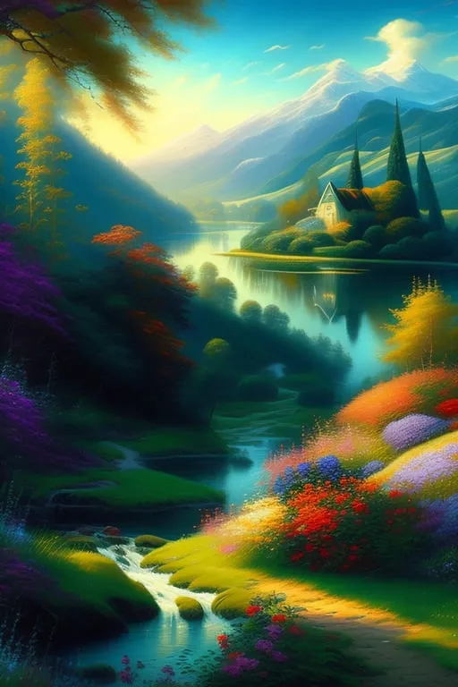 a painting of a beautiful landscape with a stream