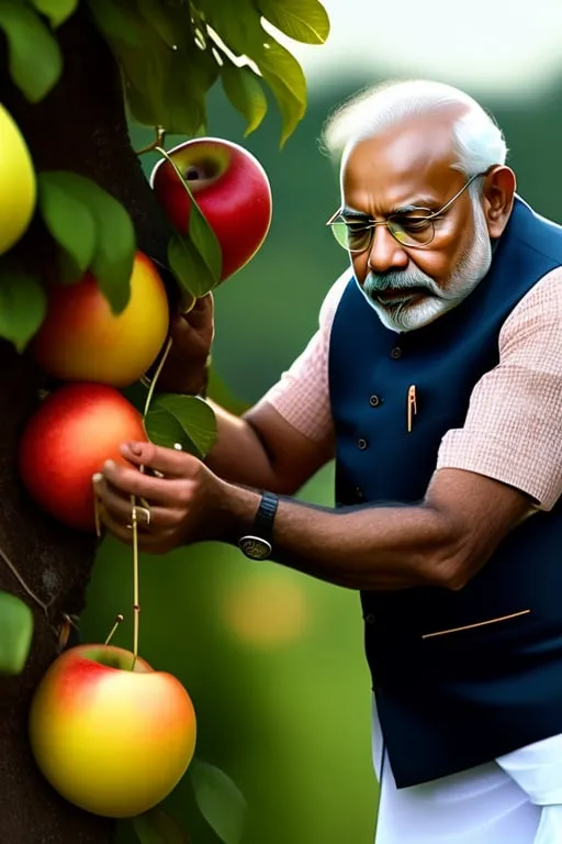 a painting of a man picking apples from a tree