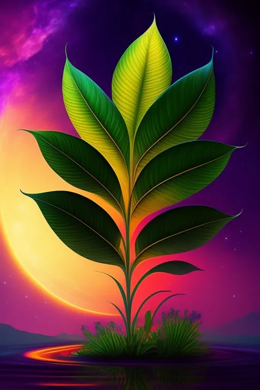 a painting of a green leaf on a purple background