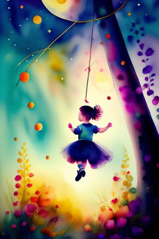 a painting of a girl on a swing