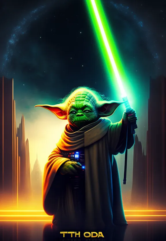 a poster of yoda holding a green light saber