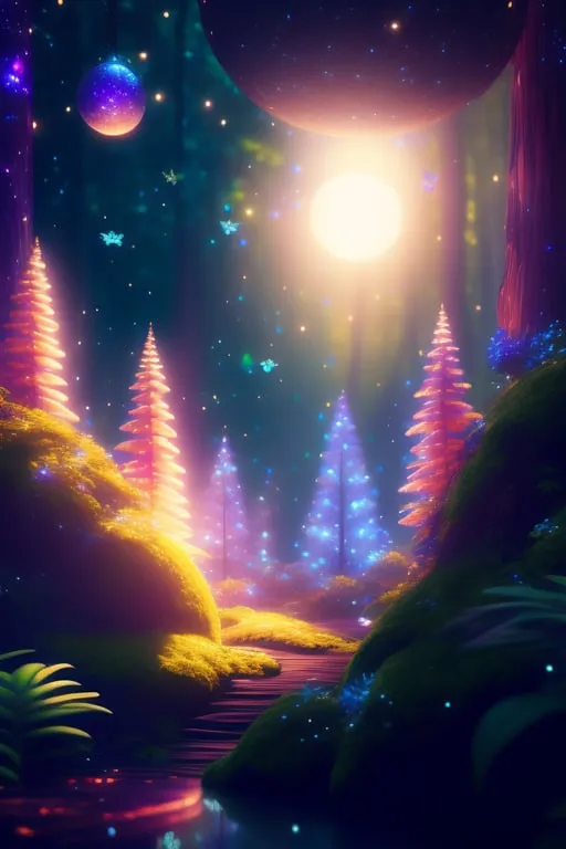 a painting of a forest at night with bright lights