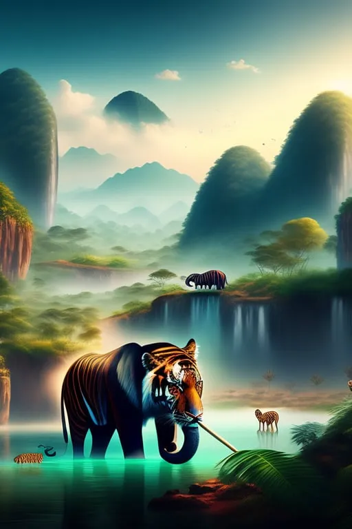 a painting of a tiger in the jungle