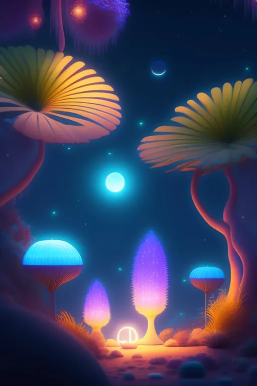 a digital painting of mushrooms and trees at night