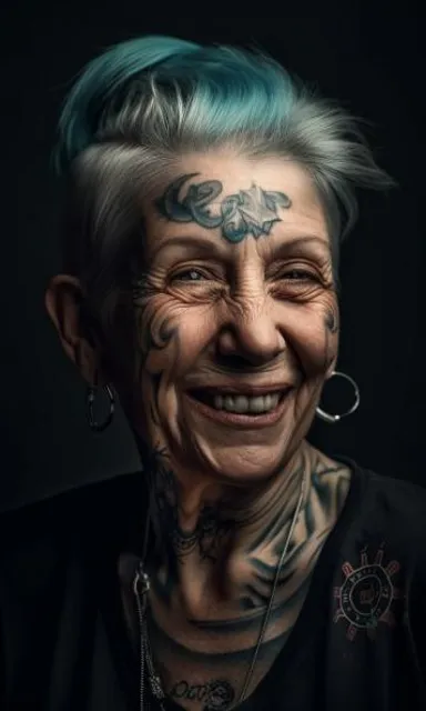 a woman with tattoos and piercings on her face