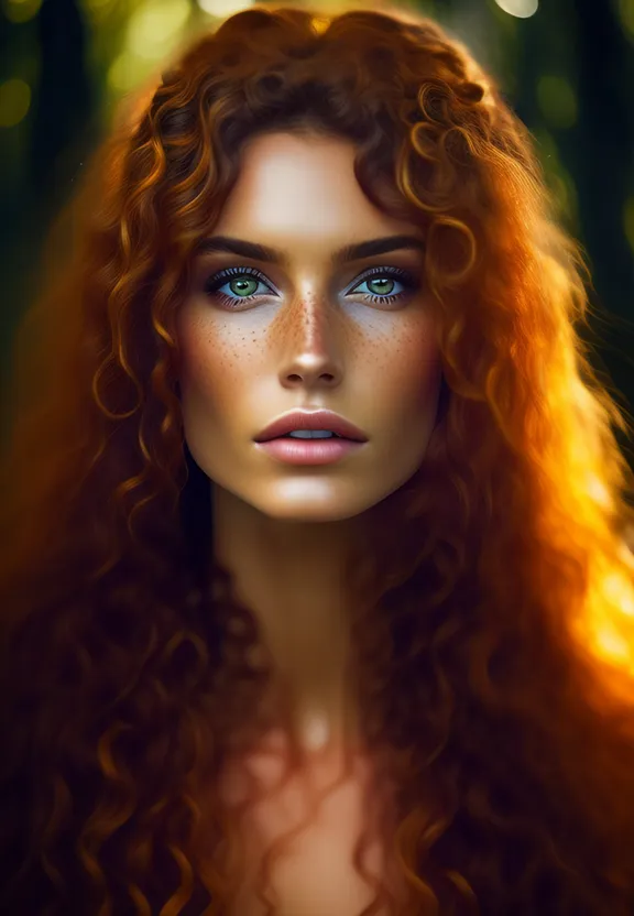 a woman with long red hair and blue eyes