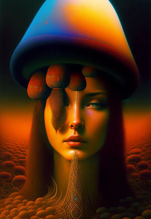 a painting of a woman with a mushroom on her head