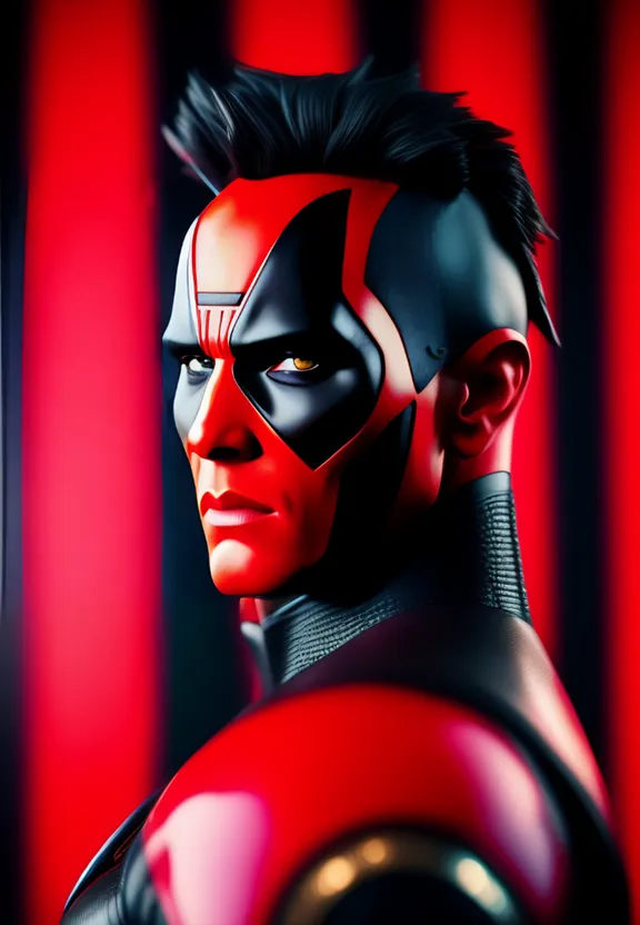 a painting of a man in a red and black suit