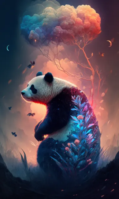 a panda bear sitting in the middle of a forest