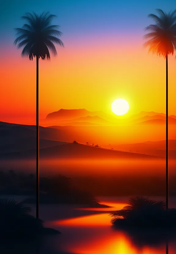 the sun is setting behind two palm trees