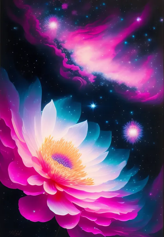 a painting of a pink flower with stars in the background