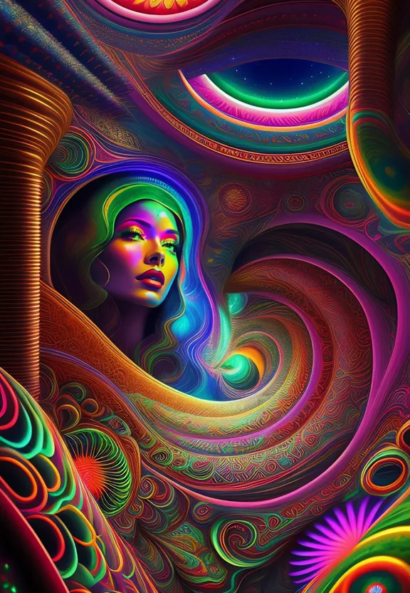 a woman's face is surrounded by colorful swirls