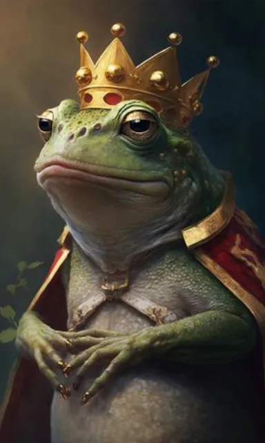 a frog wearing a crown and sitting on a chair