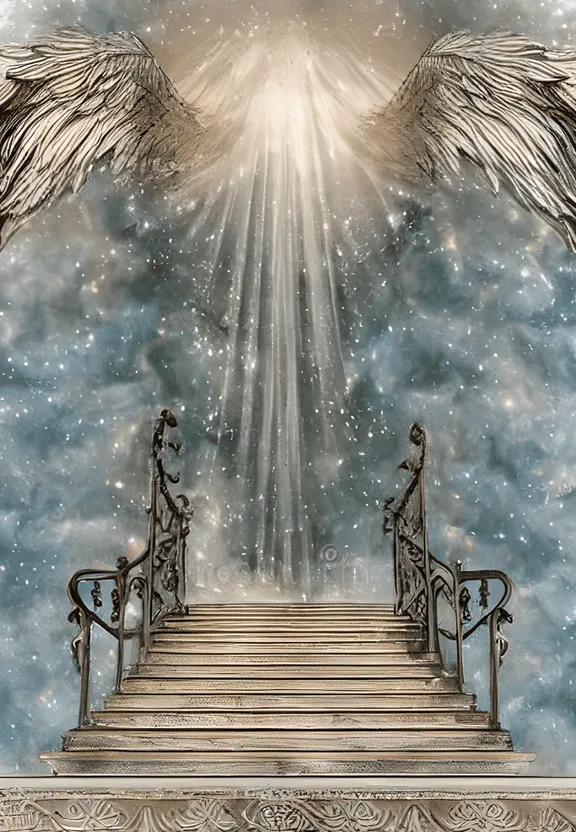 a stairway leading up to an angel's wings