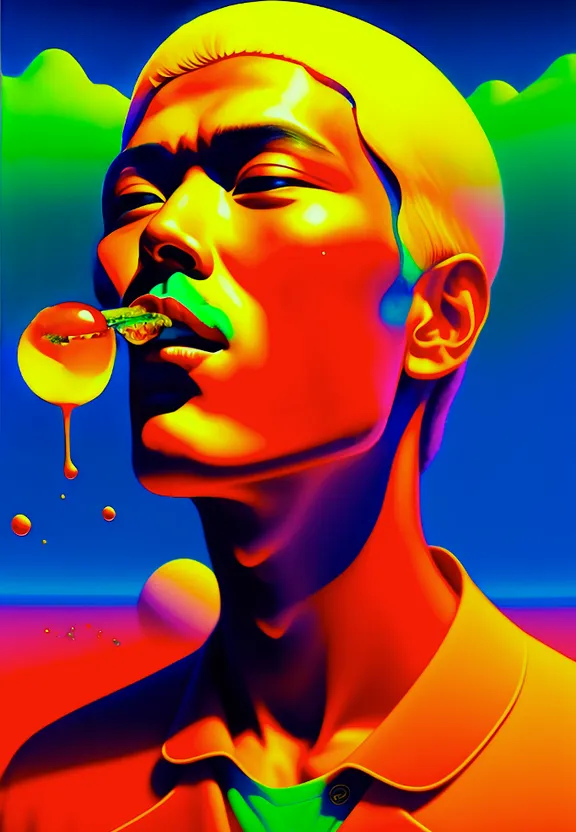 a painting of a man with a bubble in his mouth