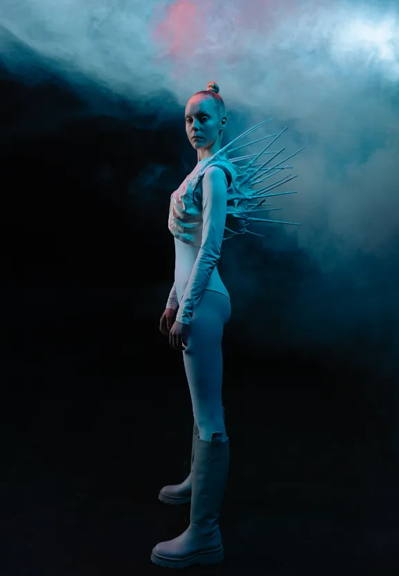 a woman in a white bodysuit with spikes on her head