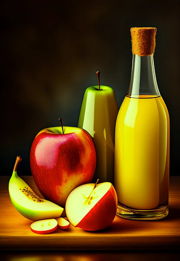 a painting of apples, pears, and a bottle of apple cider