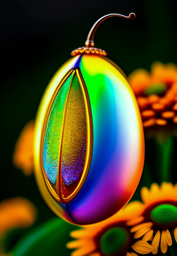 a close up of a colorful object with flowers in the background