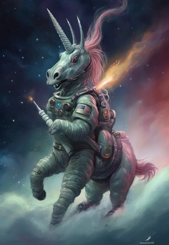 a unicorn riding on the back of a horse