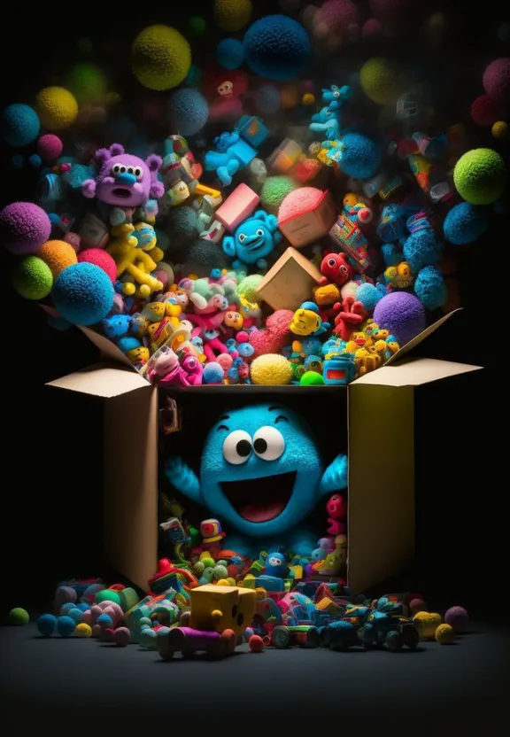 a cartoon character in a box filled with toys