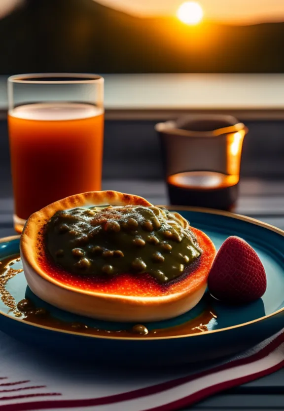 a plate of food on a table with a glass of juice