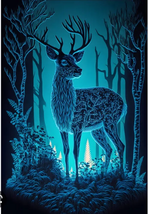 a painting of a deer in the woods