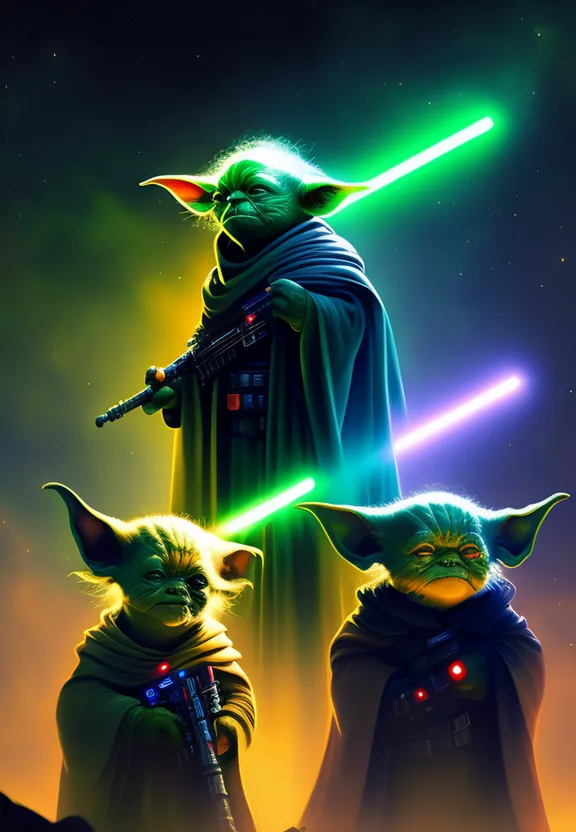a painting of two yoda and a baby yoda