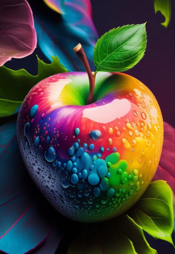 a colorful apple with a green leaf on top of it