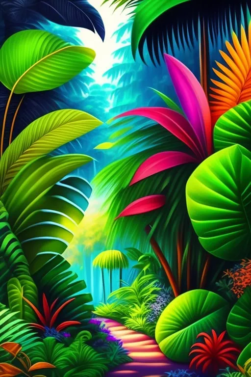 a painting of a tropical jungle scene