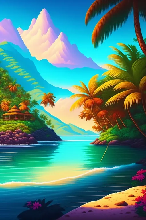 a painting of a tropical beach with palm trees