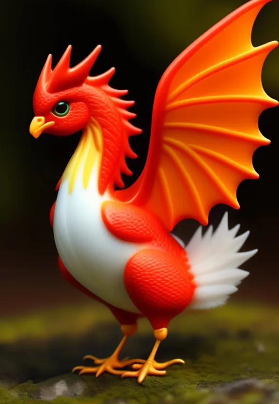 a red and white dragon figurine on a mossy surface