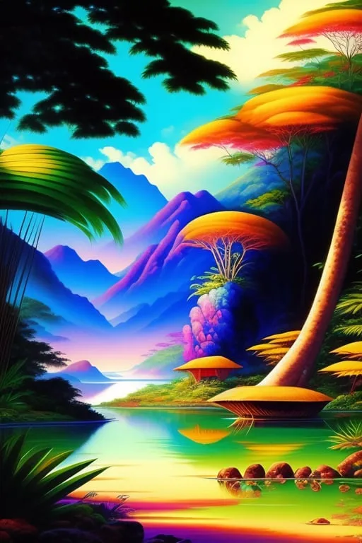 a painting of a tropical landscape with trees and mountains