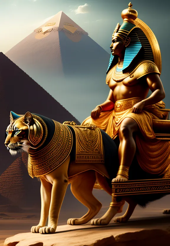 a statue of an egyptian pharaoh riding a tiger