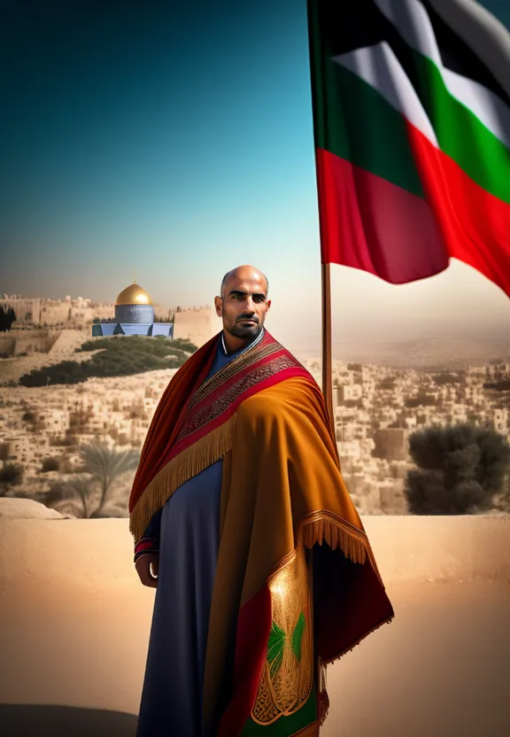 a man standing in front of a flag in the desert