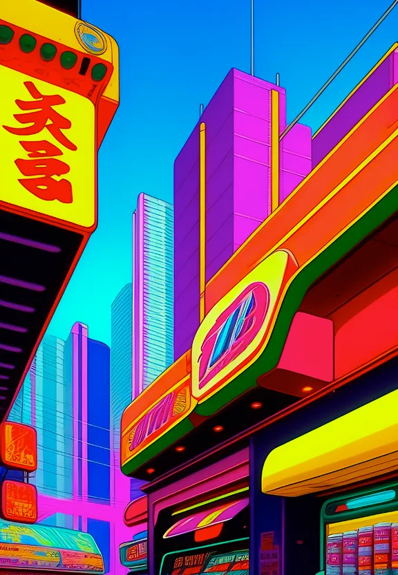 a painting of a city street with neon lights