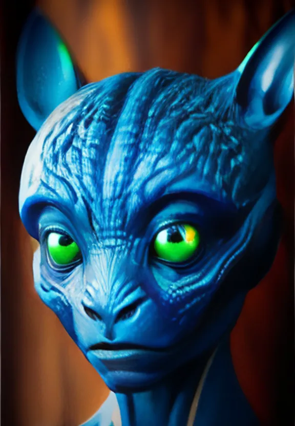 a painting of a blue alien with green eyes