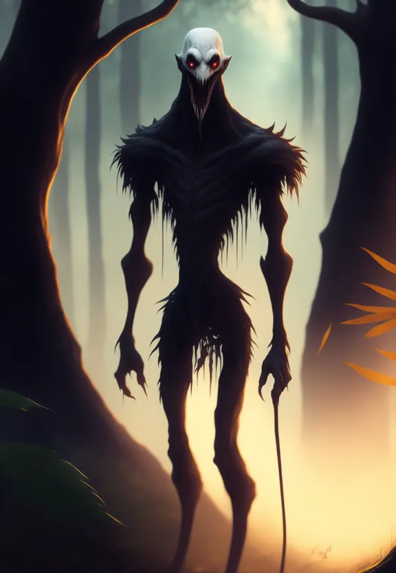 a creepy creature standing in the middle of a forest