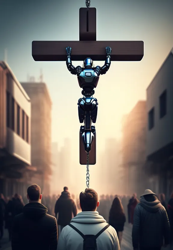 a person hanging from a cross with a robot on it