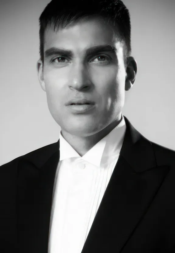 a black and white photo of a man in a tuxedo