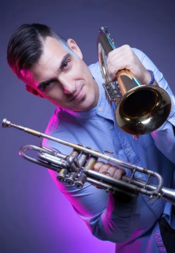 a man in a blue shirt is holding a trumpet