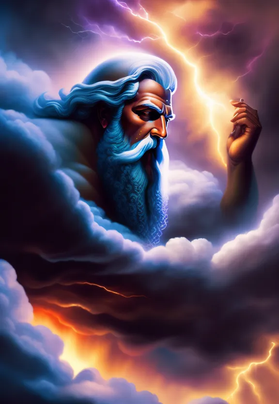 a painting of a man in the clouds with lightning behind him