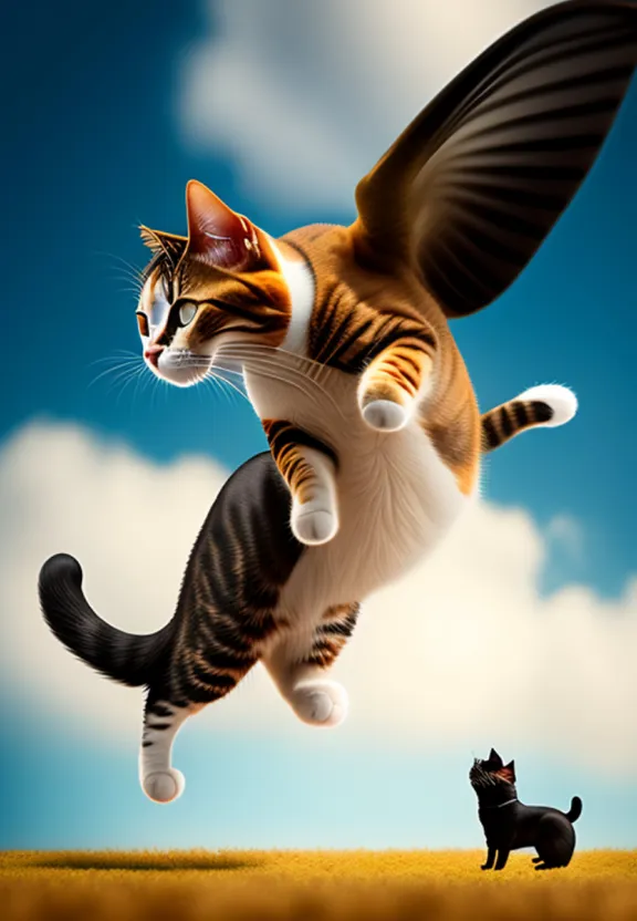a cat flying through the air next to a black cat