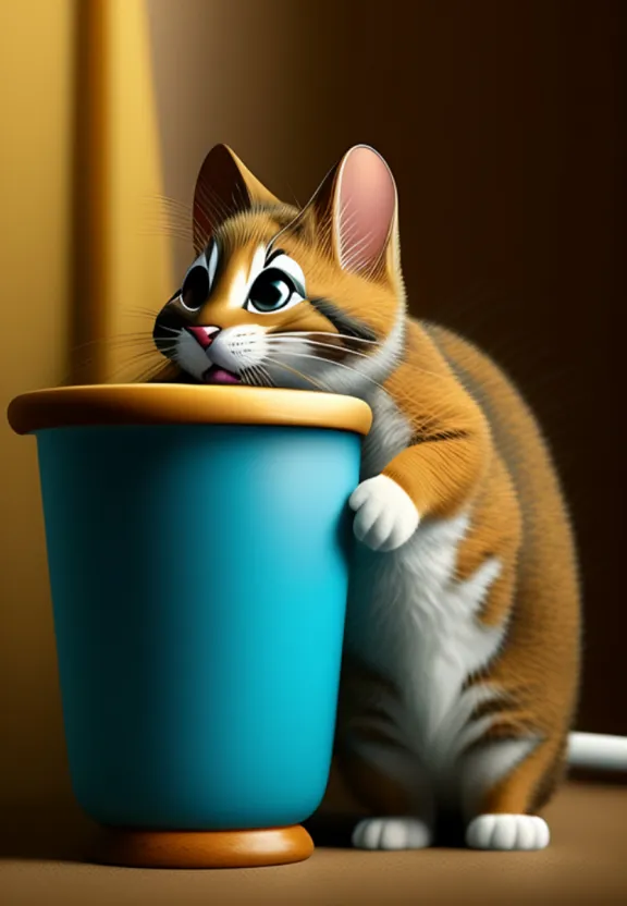 a cartoon cat is holding a blue cup