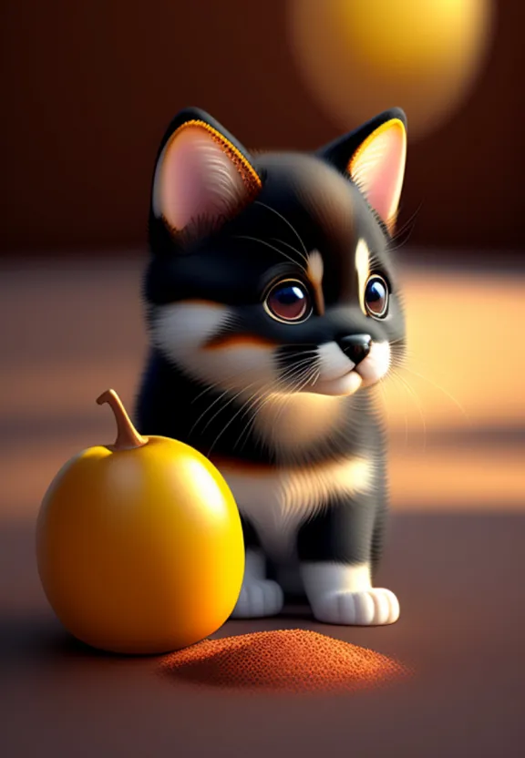 a black and white kitten sitting next to an orange