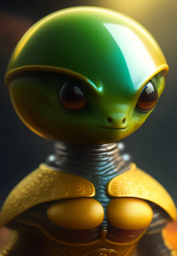 a green and yellow alien with big eyes
