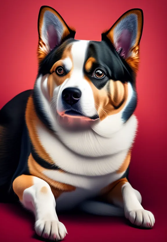 a painting of a dog sitting on a red background