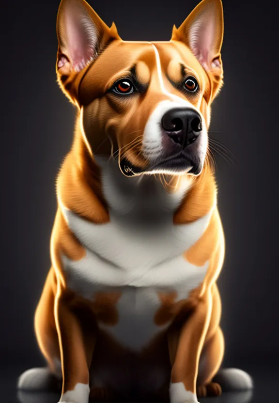 a brown and white dog sitting on top of a floor