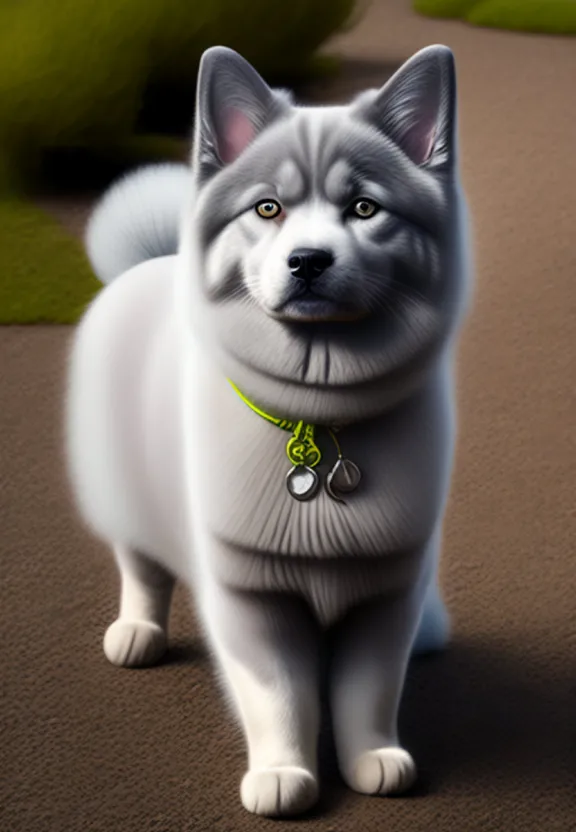 a white and gray dog with a green collar