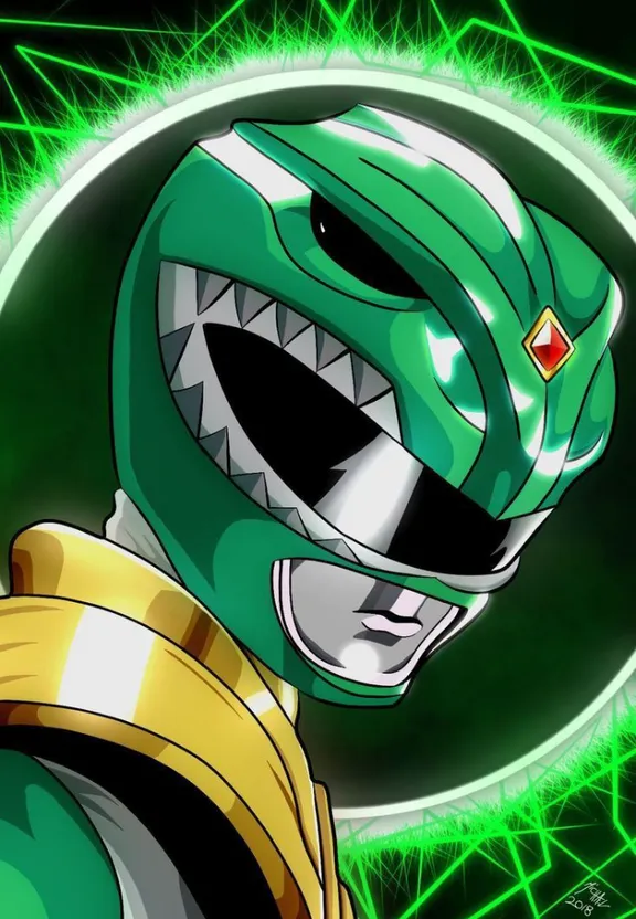 the green ranger is wearing a green helmet